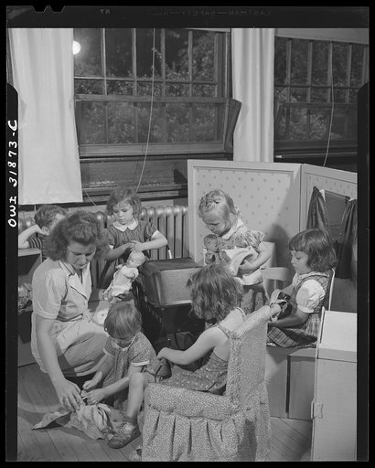 New Britain, Connecticut. A child care center, opened September 15, 1942, for thirty children, age two to five, of mothers engaged in war industry. The hours are 6:30 a.m. to 6 p.m., six days per week. Dolls and buggies are the chief interests of the little girls