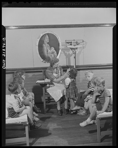 New Britain, Connecticut. A child care center, opened September 15, 1942, for thirty children, age two to five, of mothers engaged in war industry. The hours are 6:30 a.m. to 6 p.m., six days per week. The visiting nurse who examines the children every morning. There is always a doctor on call, and 