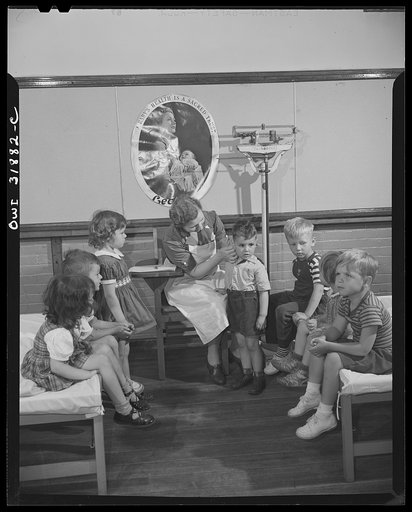 New Britain, Connecticut. A child care center, opened September 15, 1942, for thirty children, age two to five, of mothers engaged in war industry. The hours are 6:30 a.m. to 6 p.m. six days per week. The visiting nurse who examines the children every morning. There is always a doctor on call, and o
