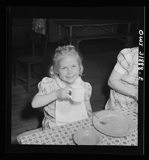 New Britain, Connecticut. A child care center, opened September 15, 1942, for thirty children, age two to five, of mothers engaged in war industry. The hours are 6:30 a.m. to 6 p.m. six days per week. After romping in the fresh air in the morning, the children eat heartily. None has to be begged to 