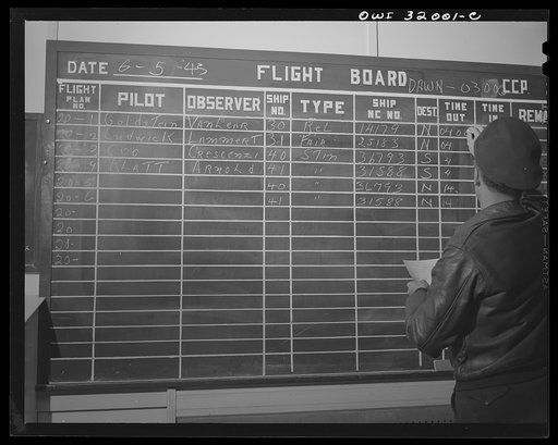 Bar Harbor, Maine. Civil Air Patrol base headquarters of coastal patrol no. 20. Flight board in the pilots' lounge