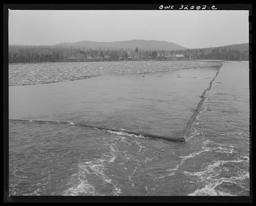 Spring wood pulp drive on the Brown Company timber holdings in Maine. Steamer stretching out the boom surrounding the load of logs it must tow down Mooselookmeguntic Lake