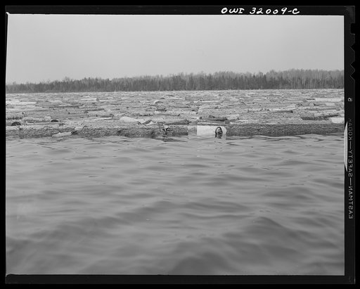 Spring wood pulp drive on the Brown Company timber holdings in Maine. On lakes and often on the rivers, pulp logs are confined within a "boom," a chain of logs, to keep them from dispersing