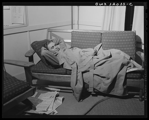 Bar Harbor, Maine. Civil Air Patrol base headquarters of coastal patrol no. 20. A flyer on dawn patrol waiting for flight to be called