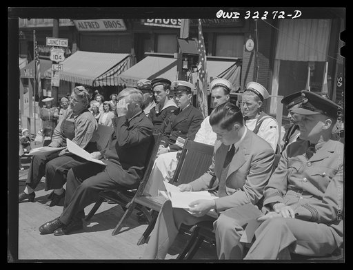 Untitled photo, possibly related to: Oswego, New York. Broadcasting a United Nations message to the nation from a platform for the heroes set up on the street