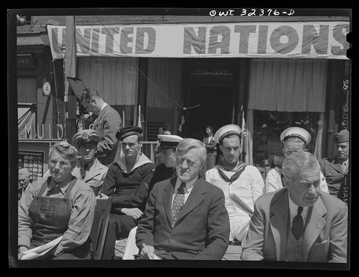 Untitled photo, possibly related to: Oswego, New York. Broadcasting a United Nations message to the nation from a platform for the heroes set up on the street