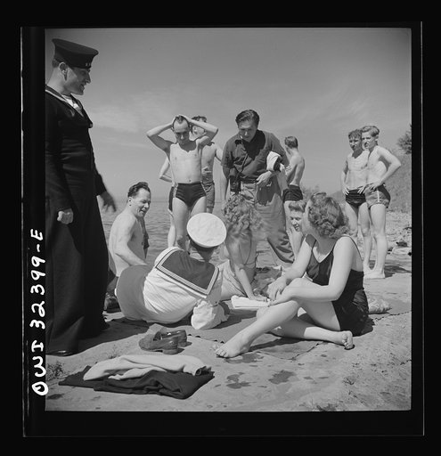 Untitled photo, possibly related to: Oswego, New York. United Nations heroes with their hostesses by Lake Ontario, at a swimming party held for visitors' entertainment during United Nations week