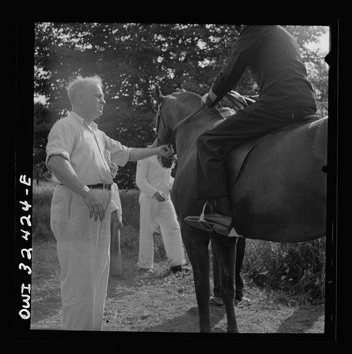 Untitled photo, possibly related to: Oswego, New York. Polish naval officer riding a horse at a farm where the heroes were entertained during United Nations week