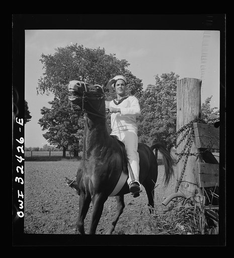 Oswego, New York. Belgian sailor riding at a farm where the heroes were entertained during United Nations week