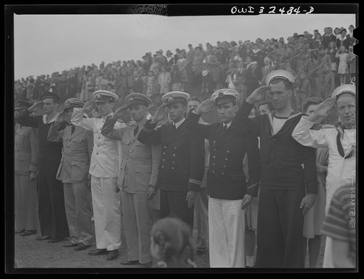 Oswego, New York. United Nations heroes saluting the American flag at the Flag Day ceremonies during United Nations week
