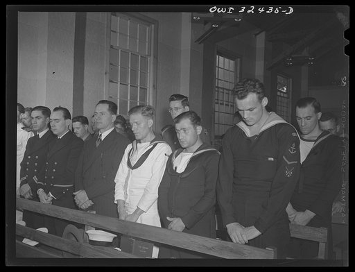 Oswego, New York. Left to right: Polish, French, Jugoslavian, Belgian, Greek, and Norwegian fighting men attending the chapel at Fort Ontario during United Nations week