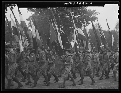 Oswego, New York. Boy scouts carrying the United Nations flags on Flag Day during United Nations week