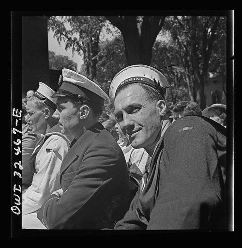 Oswego, New York. Two Belgian sailors, and one French naval officer at the Flag Day ceremony at the Elks Club during United Nations week