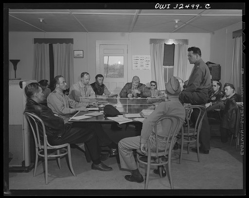Bar Harbor, Maine. Civil Air Patrol base headquaters of coastal patrol no. 20. Submarine detection class held in the pilots' lounge after dawn patrol