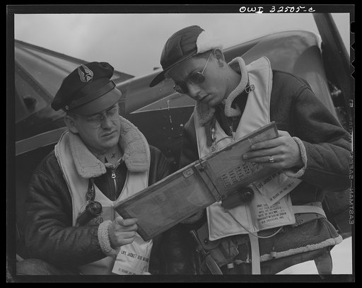 Untitled photo, possibly related to: Bar Harbor, Maine. Civil Air Patrol base headquarters of coastal patrol no. 20. Flyers in winter flying togs