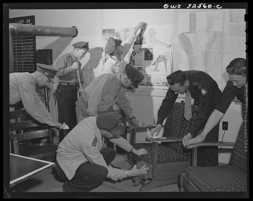 Bar Harbor, Maine. Civil Air Patrol base headquarters of coastal patrol no. 20. Clean-up day just before inspection of the pilot's lounge by the base commander