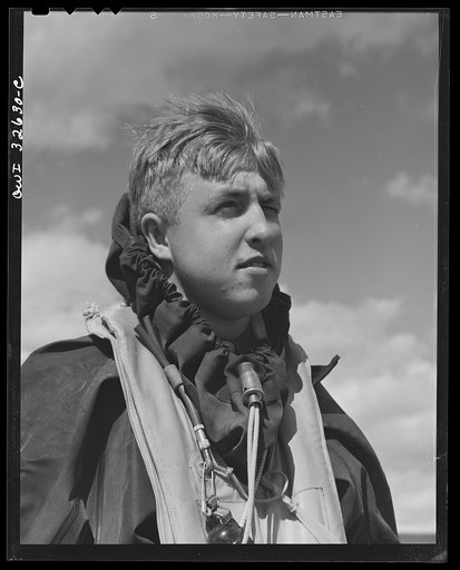 Bar Harbor, Maine. Civil Air Patrol base headquarters of coastal patrol no. 20. Alfred Speckman, a flyer, in his rubber crash suit