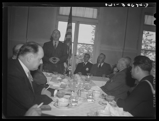 Untitled photo, possibly related to: Oswego, New York. Czechoslovakian consul addressing a Rotary Club luncheon during United Nations week