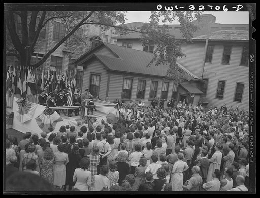 Untitled photo, possibly related to: Oswego, New York. Workers in Columbia Mills listening to the speeches by the United Nations heroes during United Nations week