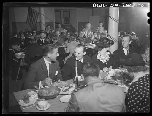 Untitled photo, possibly related to: Oswego, New York. United Nations heroes being entertained along with their hosts and hostesses by the women of the Presbyterian church