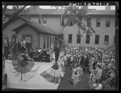 Oswego, New York. Workers at the Columbia Mills listening to the speeches by the United Nations heroes during United Nations week