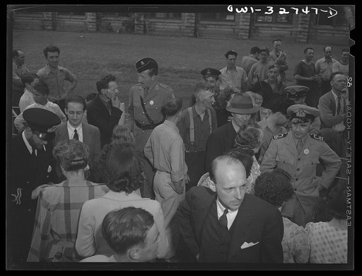 Oswego, New York. United Nations heroes mingling with workers at the Columbia Mills after the United Nations week ceremony