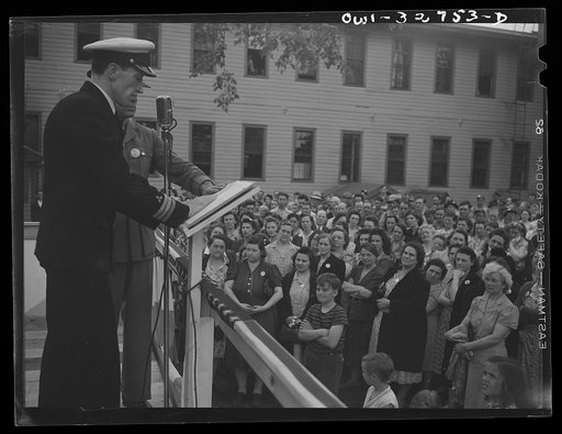 Oswego, New York. During United Nations week, a Polish naval officer addressing workers at the Columbia Mills in Polish; many of them are Polish-American