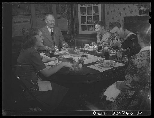 Oswego, New York. Norwegian sailor and naval officer having breakfast in the home of a college professor where they stayed during United Nations week