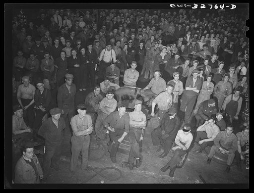 Oswego, New York. Workers in the Fitzgibbons tank factory listening to the speeches by the United Nations during United Nations week