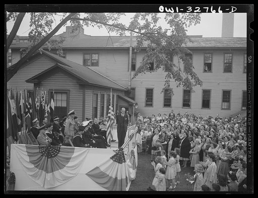 Untitled photo, possibly related to: Oswego, New York. Workers at the Columbia Mills listening to the speeches by the United Nations heroes during United Nations week