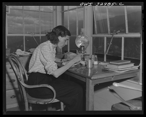 Gorham (vicinity), New Hampshire. Barbara Mortensen, a fire and airplane lookout on Pine Mountain, eating supper after her long hours of vigil. She sleeps, eats and spends all her time in the tower, ever on the alert for the first suspicious trail of smoke