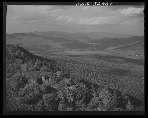 Gorham (vicinity), New Hampshire. The view looking northeast from the fire tower manned by Barbara Mortensen, a fire and airplane lookout on Pine Mountain