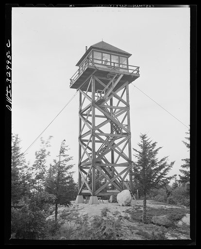 Untitled photo, possibly related to: Gorham (vicinity), New Hampshire. Barbara Mortensen, a fire and airplane lookout on Pine Mountain