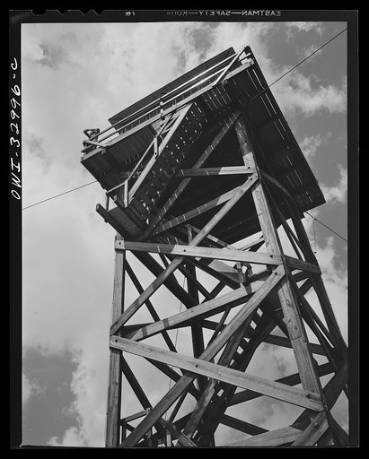 Gorham (vicinity), New Hampshire. Barbara Mortensen, a fire and airplane lookout on Pine Mountain, spotting planes