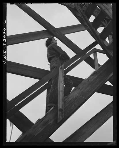 Gorham (vicinity), New Hampshire. Barbara Mortensen, a fire and airplane lookout on Pine Mountain does all her cooking in the tower. Wood and water must be carried up fifty-six steps from the mountain top below