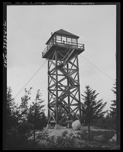 Untitled photo, possibly related to: Gorham (vicinity), New Hampshire. Barbara Mortensen, a fire and airplane lookout on Pine Mountain, leaving to get water from a spring half a mile down the mountain. Beside her is her dog, Brenda, a constant companion on her lonely job