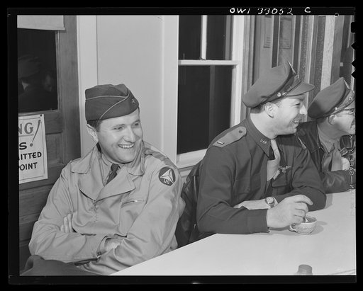 Bar Harbor, Maine. Civil Air Patrol base headquarters of coastal patrol no. 20. Flyers waiting for the dawn patrol in the base canteen