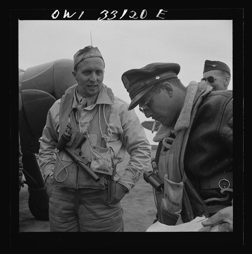 Bar Harbor, Maine. Civil Air Patrol base headquarters of coastal patrol no. 20. A pilot and an observer after completing a patrol