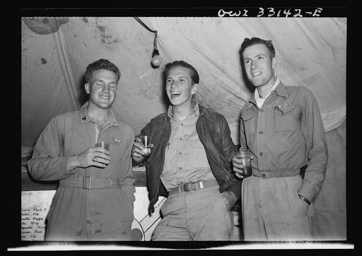 Officer Bill Livesay, 25, Madison, New Jersey, (left) who accounts for three and one half enemy planes destroyed. Lieutenant John Stefanik, 24, Chicopee, Massachusetts, (left) who destroyed three enemy planes, and Lieutenant Charles Leaf, 21, South Orange, New Jersey, who destroyed two enemy planes 