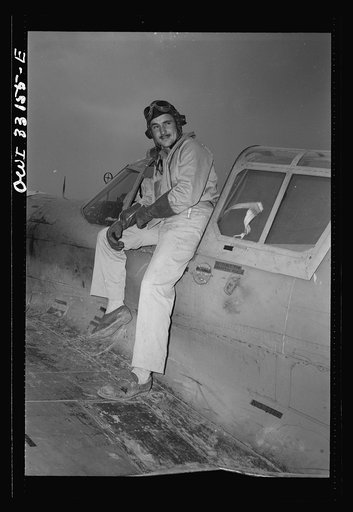 Lieutenant Robert "Rocky" Byrnes, twenty-six, Saint Louis, Missouri, flying with the 64th Squadron of the 57th Fighter Group, returning after destroying three German Messerschmitt-109s in aerial victory over the Sicilian straits on April 18, in which the 57th United States Fighter Group of the 9th A
