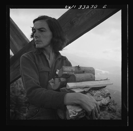 Gorham (vicinity), New Hampshire. Barbara Mortensen, a fire and airplane lookout on Pine Mountain. Carrying wood up fifty-six steps from the mountain top below