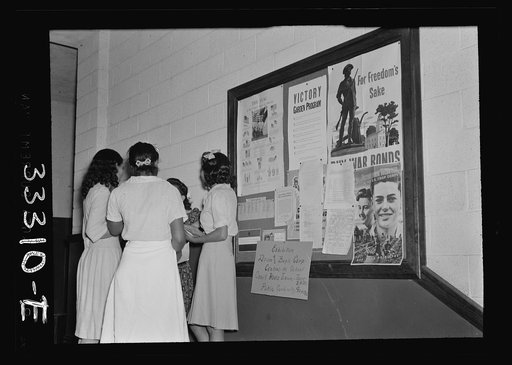 Charlotte Court House, Virginia. Central High School. Bulletin board and girls in entrance hall