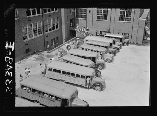 Untitled photo, possibly related to: Keysville, Virginia. Randolph Henry High School. Buses bring students from miles around as the school covers an area of 496 square miles. Some children come as far as thirty miles to school in one of the seventeen buses, some of whcih are driven by seniors