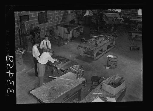 Keysville, Virginia. Randolph Henry High School. Interior of vocational shop where boys learn to repair farm machinery, carpentering and welding. Machine shop is a three-year course