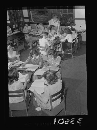 Untitled photo, possibly related to: Keysville, Virginia. Randolph Henry High School Social studies class. Students study in groups of six or eight, each group picking own subject