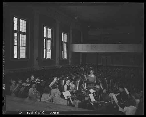 Untitled photo, possibly related to: Schenectady, New York. Music class orchestra rehearsal at the Oneida School