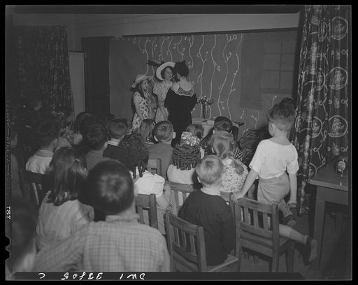 Schenectady, New York. Fourth grade students at the Oneida School presenting a play they have written from the book, Heidi. The audience is composed of neighbor children and their parents; admission is five cents. The proceeds go to the American Red Cross