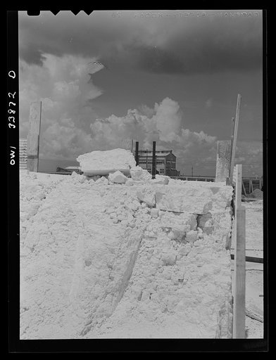 Freeport Sulphur Company, Grand Ecaille, Louisiana. Part of a sulphur vat. Powerhouse in the background