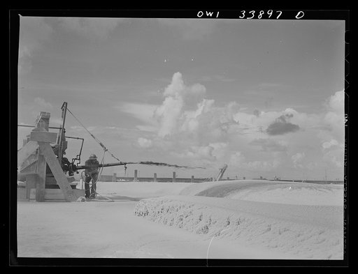 Freeport Sulphur Company, Grand Ecaille, Louisiana. Melted sulphur pouring into a vat