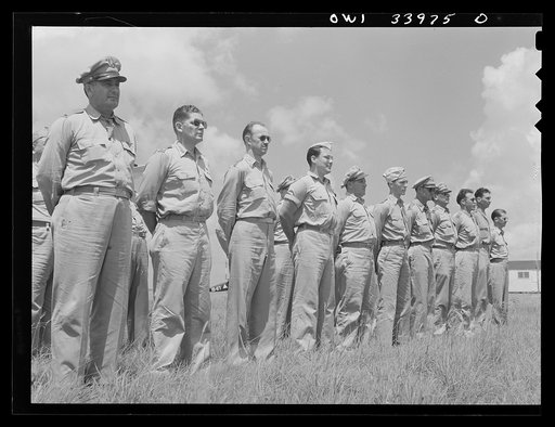 Corpus Christi, Texas. Officers of the Civil Air Patrol lined up in front of the planes for inspection